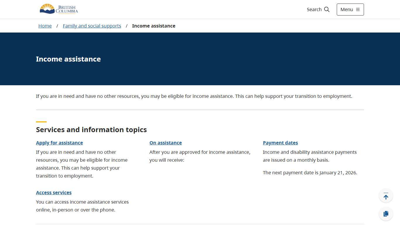 Income assistance - Province of British Columbia